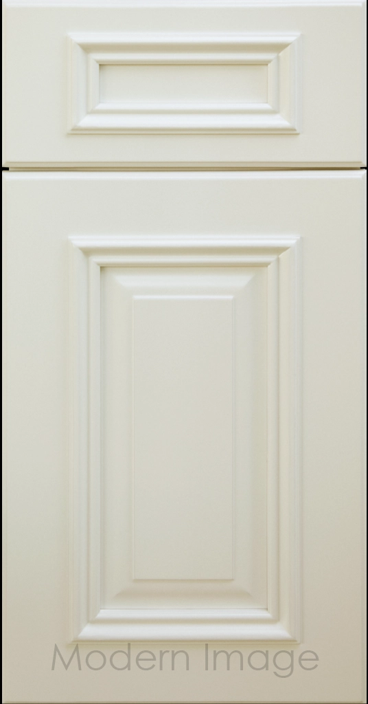 Hamilton cabinet door in Canvas color with double raised panel and mitered elevated molding.